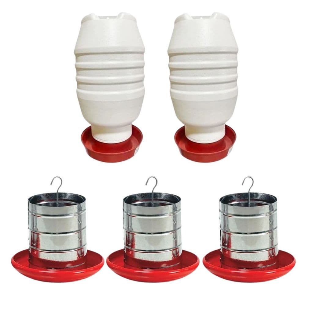 Kit 2 Un Bebedouro Ecológico 5L + 3 Un Comedouro Tubular 5 kg Frango Galinha Codorna Faisão