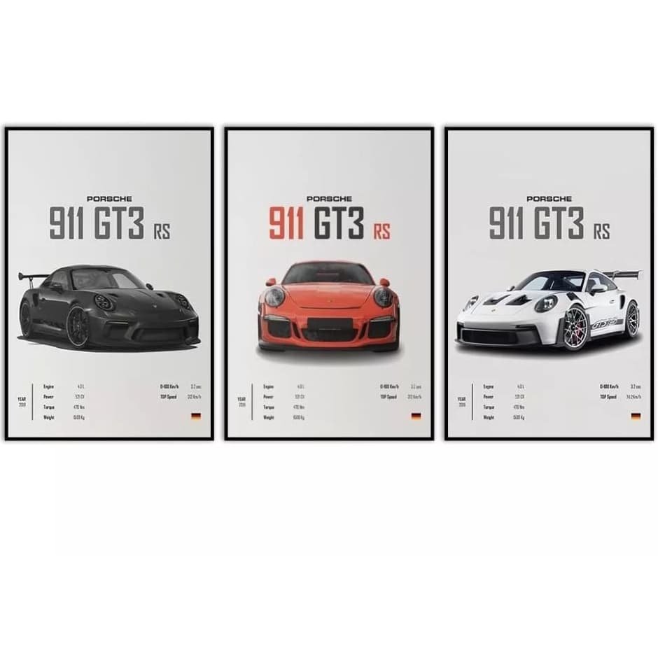 Kit 3 Peças Quadro Decorativo Porsche Carrera 911 GT3 S Sport Sala Quarto Cozinha Escritório