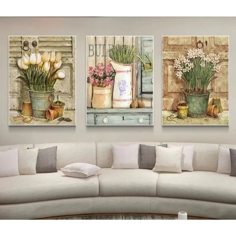 Kit 3 Peças Quadro Decorativo Retrô Floral Branco Plantas Sala De Estar E Copa Sala Escritório
