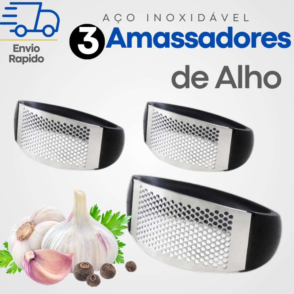 Kit 3 Espremedores Amassador Triturador de Alho, Cebola e Batata, Amassador em Aço Inox Cozinha