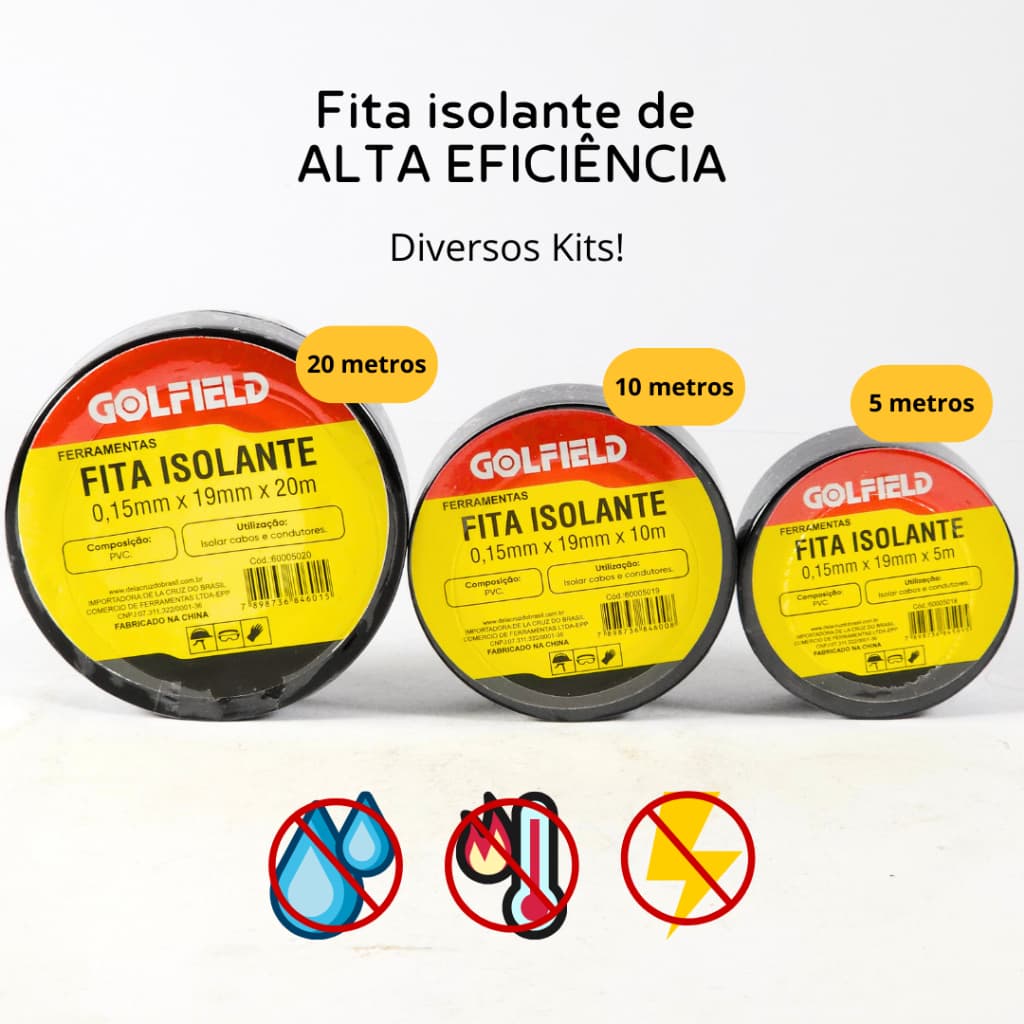 Kit Fitas Isolantes Antichamas 5, 10 e 20 Metros, 750V, Preta p/ Cabos, Manutenção c/ 1 e 3 Unidades