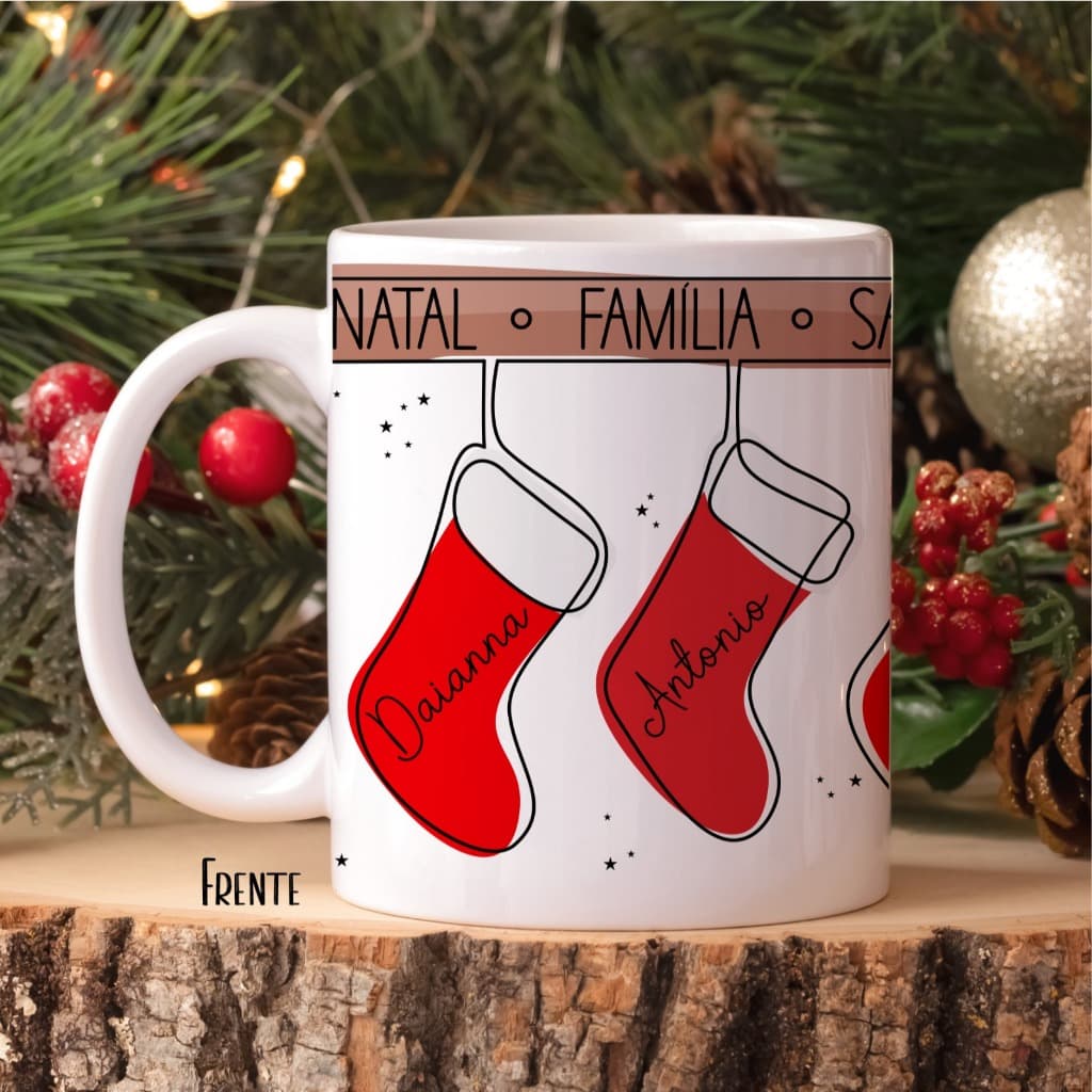 Caneca Personalizada Natal, Bota Do Papai Noel -Com Nome da Família.