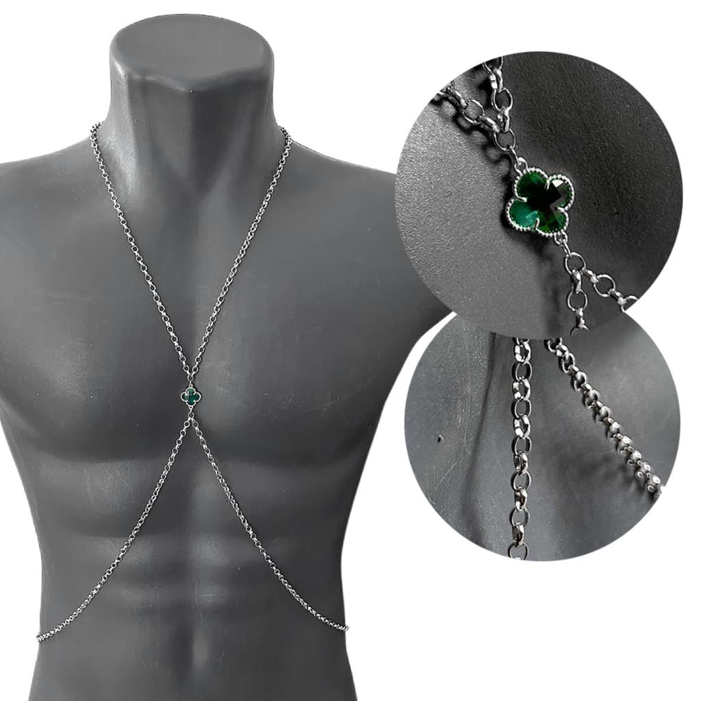 Colar Body Chain Corrente de Corpo Aço Inox Harness Pingente Trevo Cleef Unissex