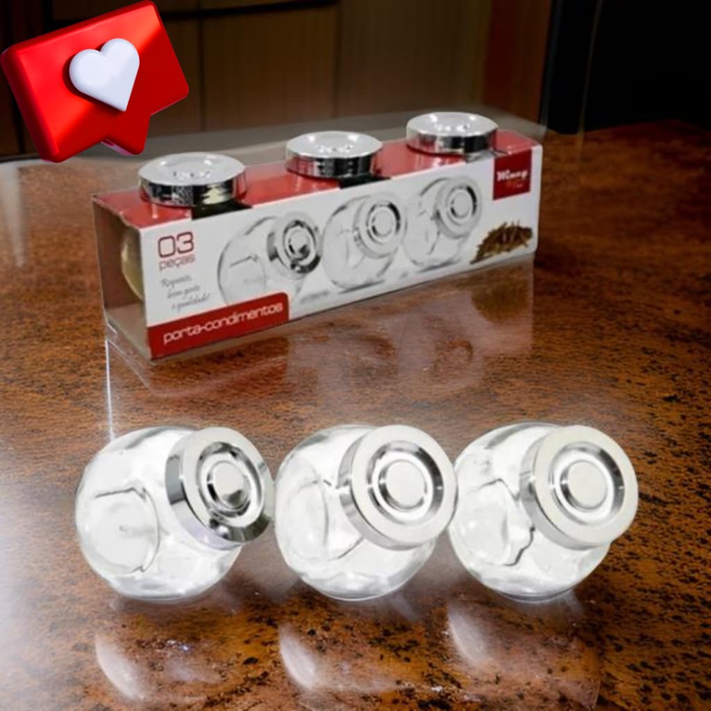 Porta Temperos e Condimentos Kit com 3 recipientes de vidro 150 ML