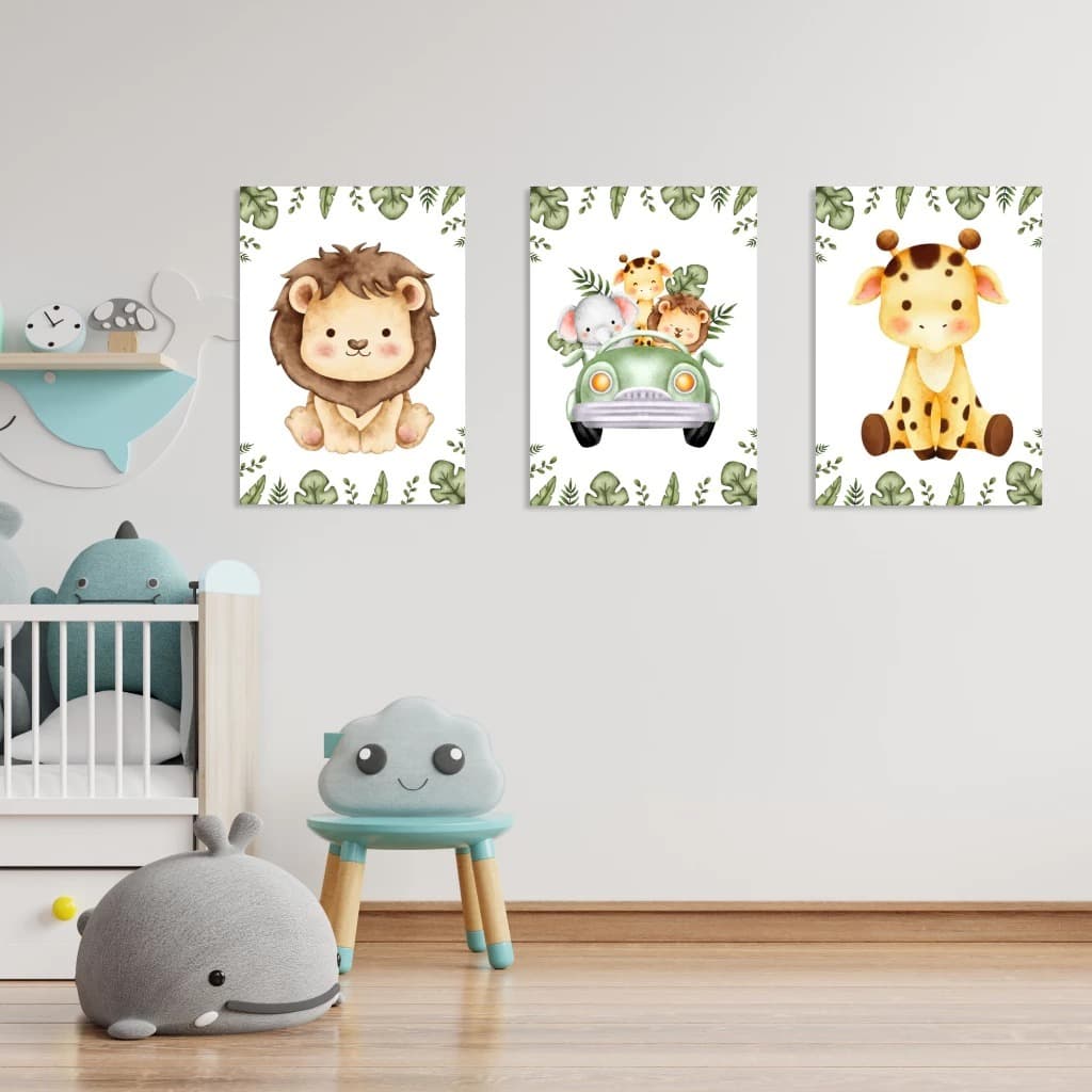 Kit 3 Quadros Decorativos Tema Safari Aquarela Infantil Bebe Quarto Menino Menina Placas Decorativas