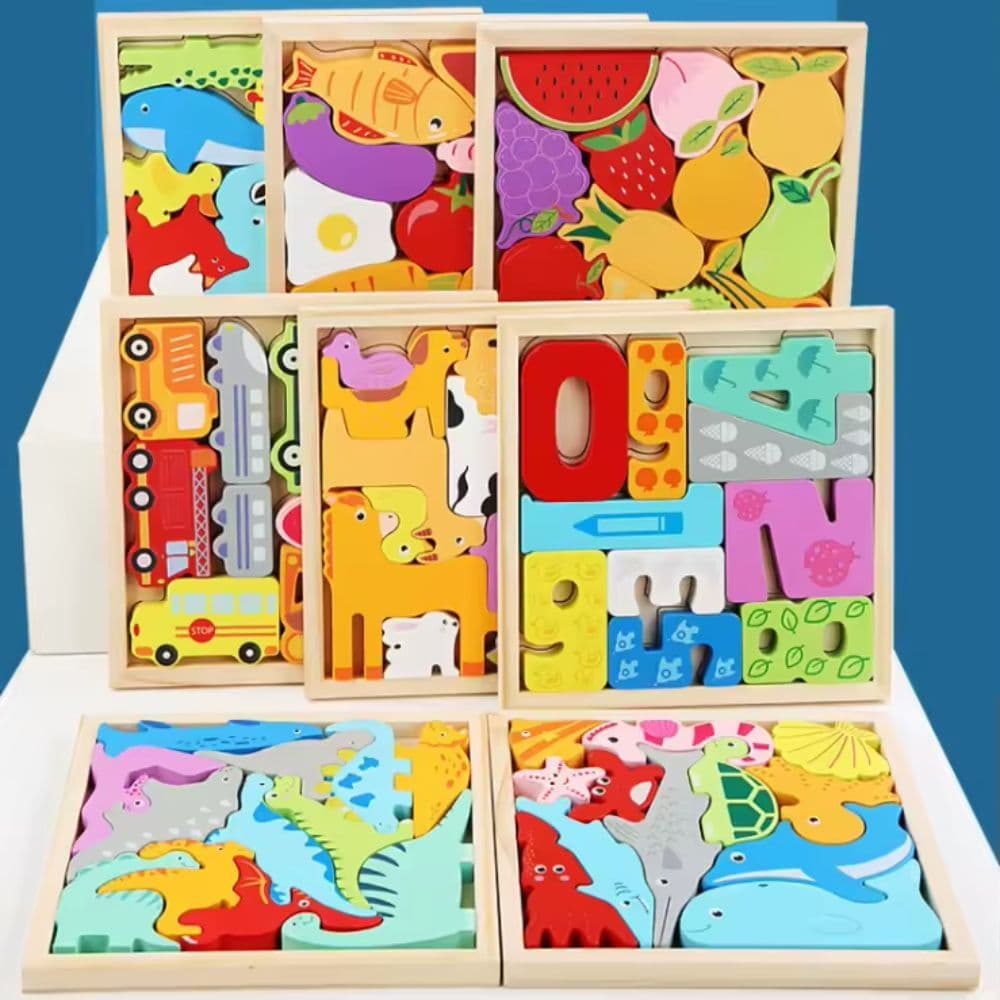 Encaixe Divertido Quebra Cabeça 3D MDF Brinquedo Educativo Animais Numero Montessori Colorido Formas