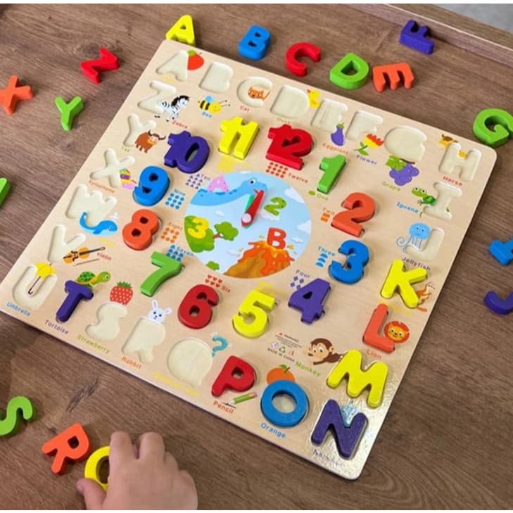 Brinquedo Pedagógico Relógio de Encaixe Alfanumérico MDF Brinquedo Educatibo Madeira Encaixe Numeros