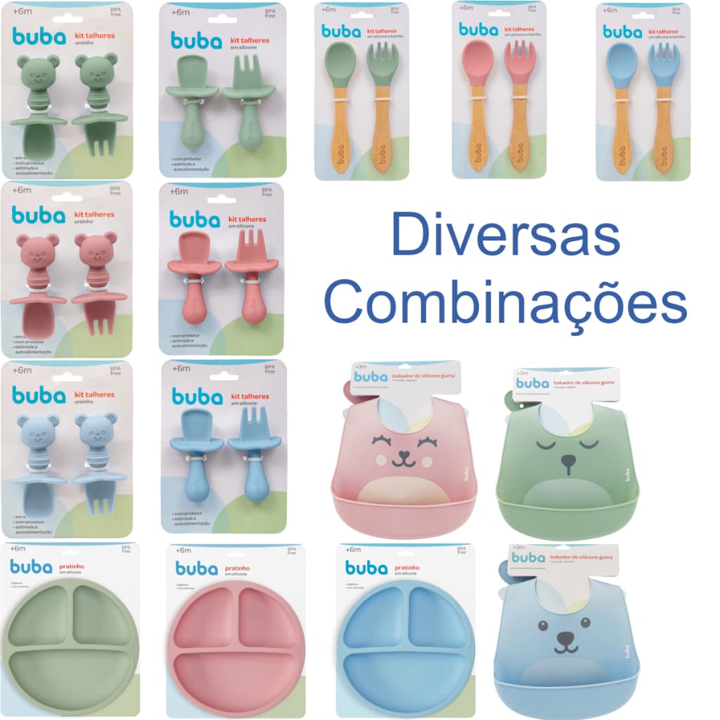 Kit refeição 3 peças Prato/Pratinho com divisórias, Talheres e Babador - Silicone - Buba