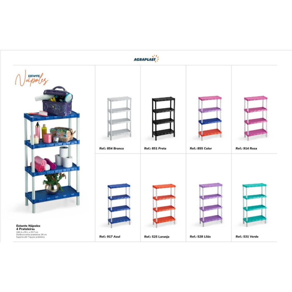 Estante Nápoles Modular Diversas cores Com 4 Prateleiras Plástico Agraplast (COM PEZINHOS)