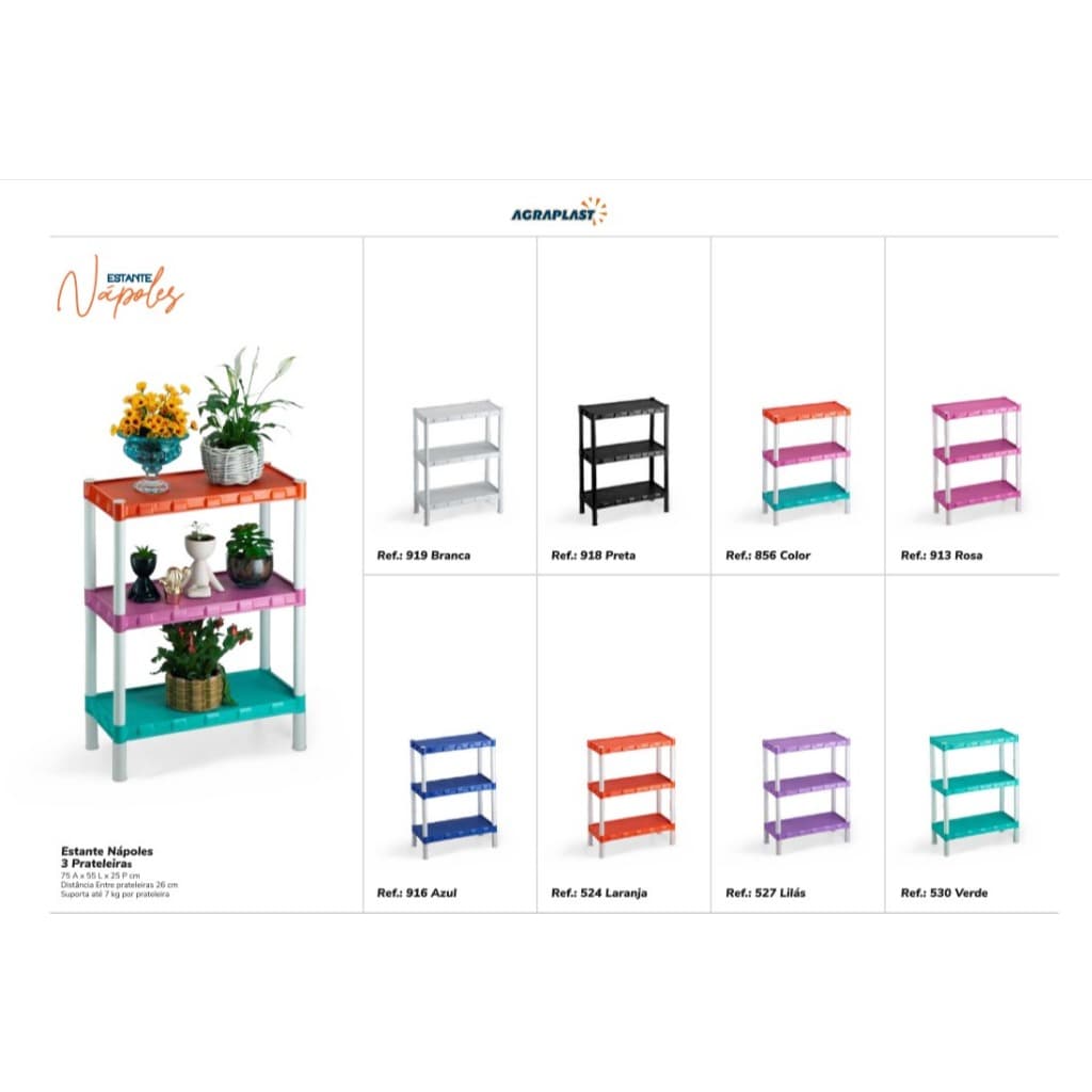Estante Nápoles Plástica Diversas Cores com 3 Prateleiras Modular Agraplast  (COM PEZINHOS)