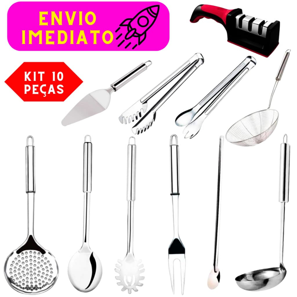 Kit 10 Peças 01 Escumadeira 01 Colher de Arroz 01 Garfo Trinchante 01 Colher de Massas 01 Colher