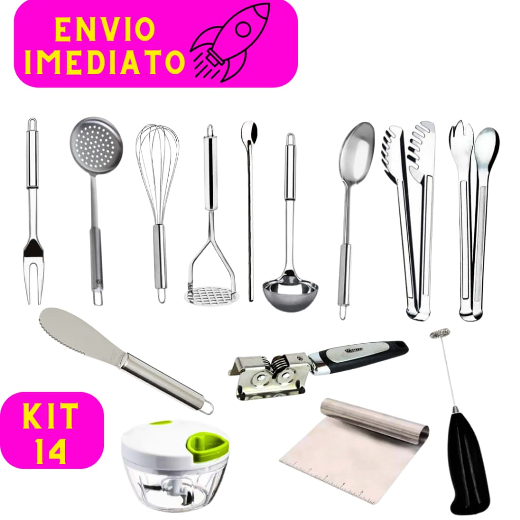 Kit 14 Talheres Utensílios Em Aço Inox Multiuso Profissional Conchas Pegadores Espátulas