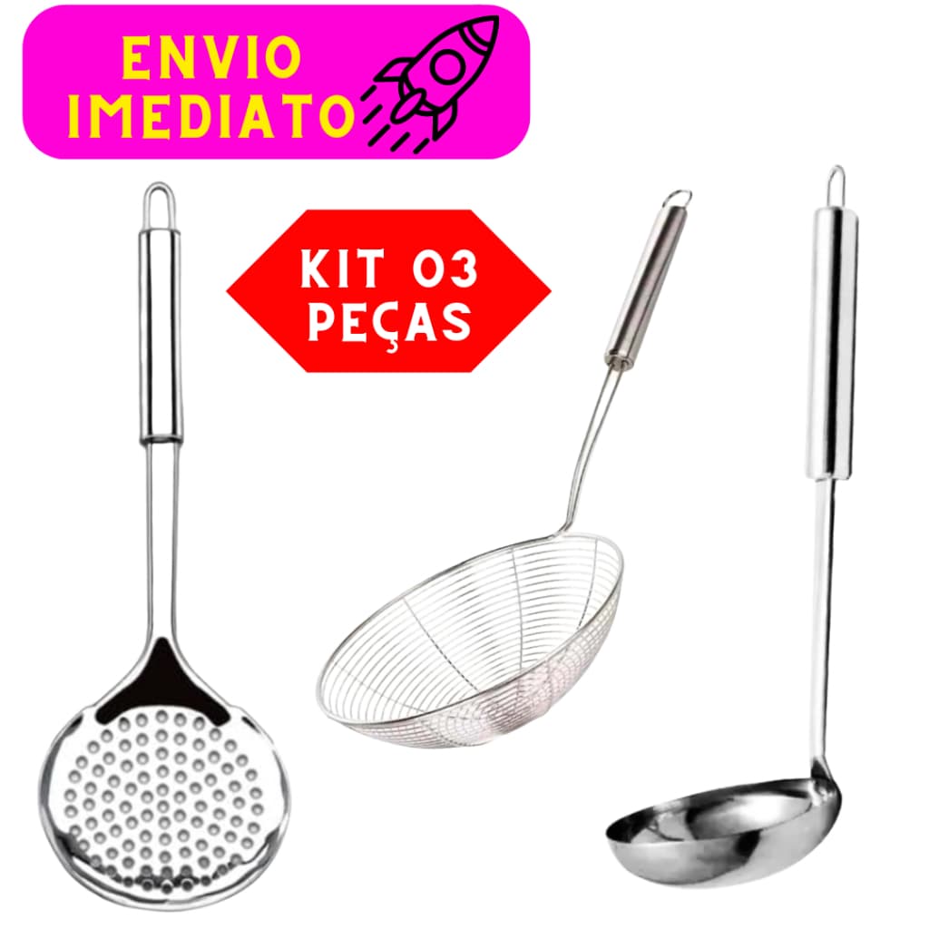 Kit 03 Peças 01 Escumadeira Inox 01 Escumadeira Para Fritura e 01 Concha Aço Inox Utensílios Cozinha