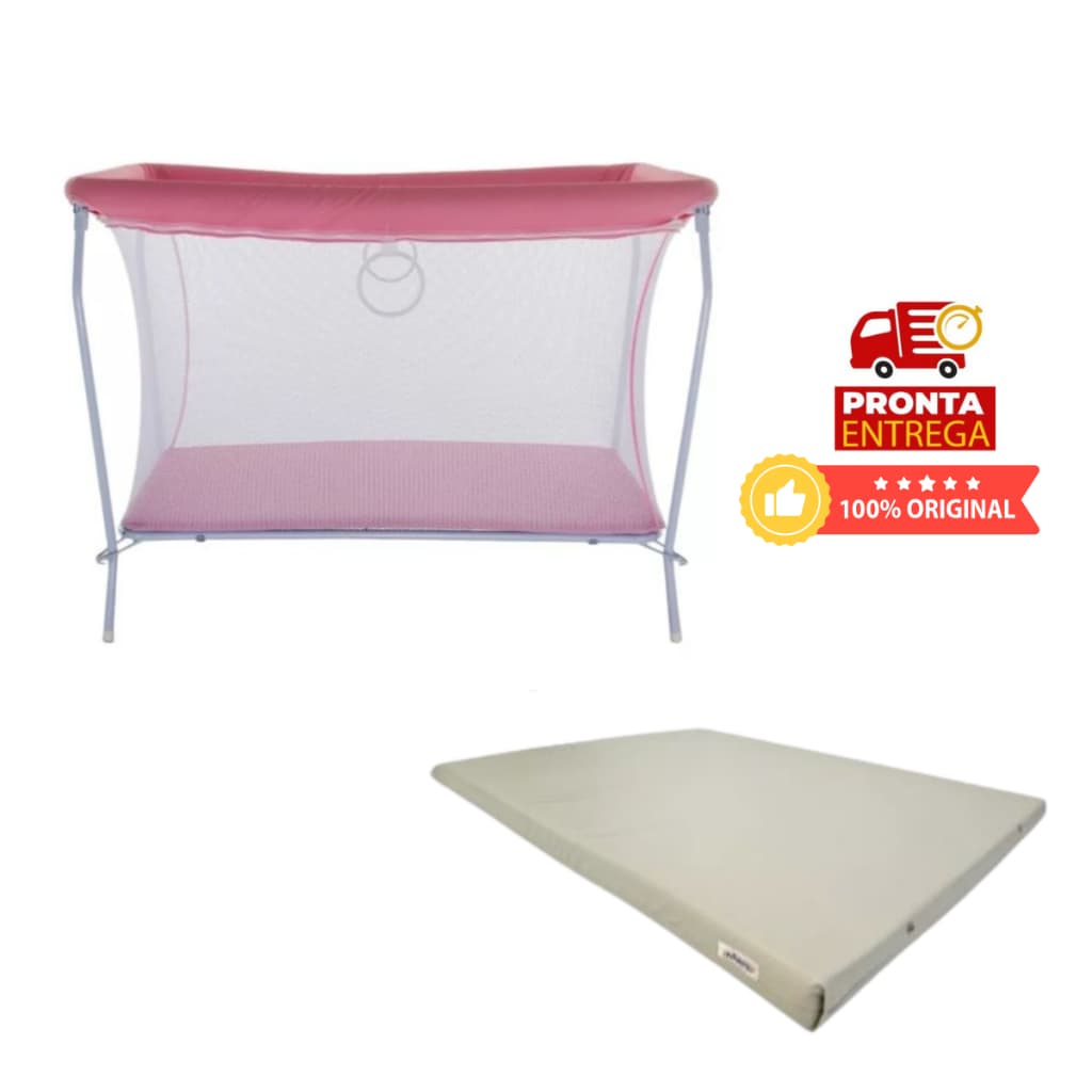 BERÇO CERCADO CHIQUEIRINHO ROSA COM COLCHÃO E MOSQUITEIRO NINOS
