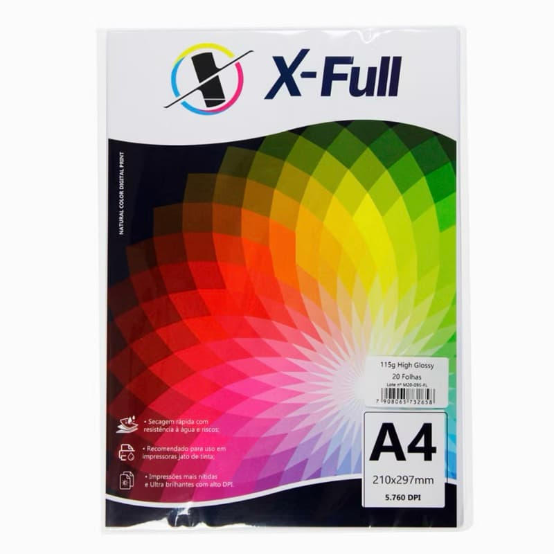 20 Folhas Papel Fotográfico Brilho A4 (21,0x29,7cm) 115g/m2 . Folha X-full para impressão fotográfica A4
