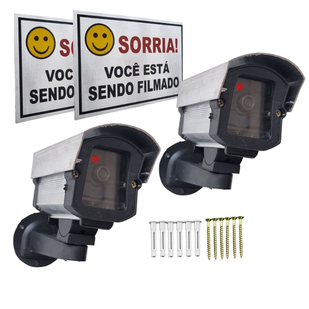 Kit 2 Câmeras Falsas Com Led + 2 Placas "Sorria Você esta sendo Filmado" com parafusos