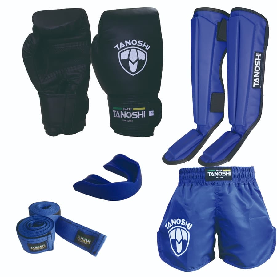 Kit luta Azul MuayThai, Sanda, Kickboxing luva boxe, caneleira, shorts HTX, bucal e bandagem