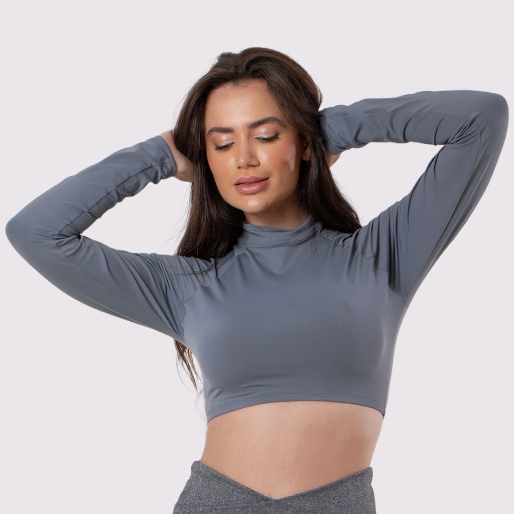 Top Cropped Manga Longa Academia UV Feminino Fitness Poliamida Akira Fitness