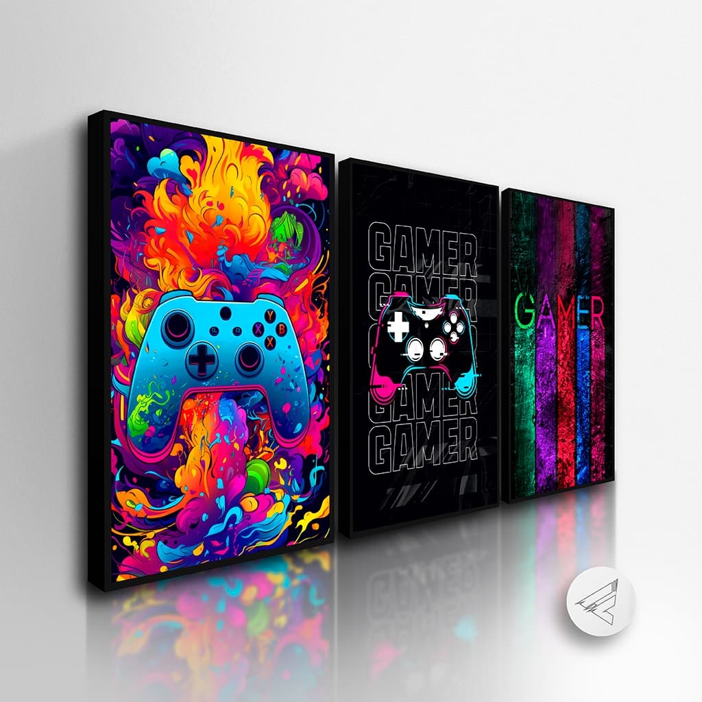 Kit 3 Quadros Decorativos Gamer Controle, Quarto, Sala All