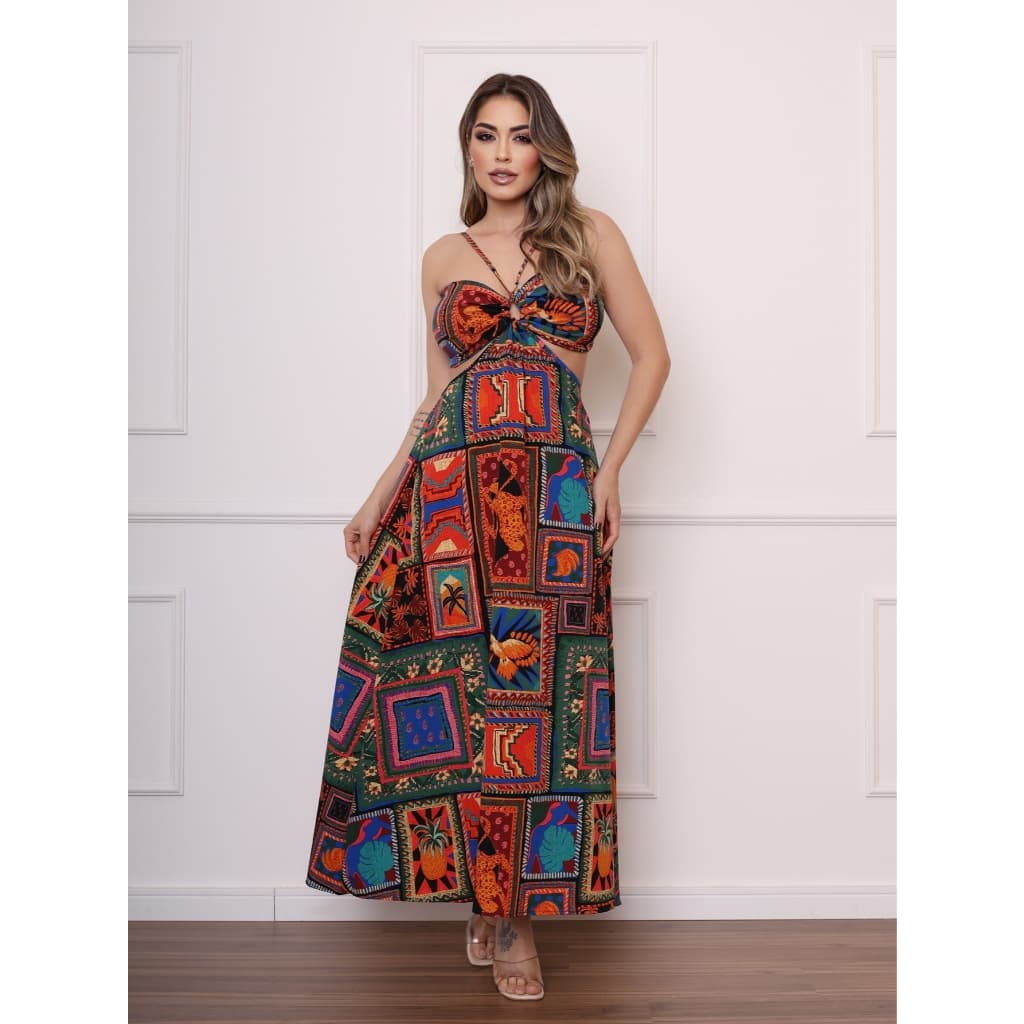 Vestido Longo Estampado C Bojo  Com Recorte na Cintura Moda Verão