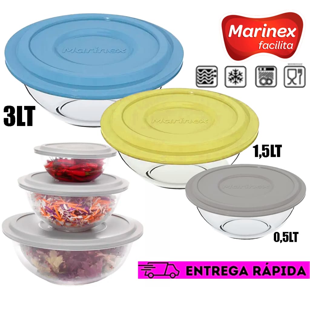 Jogo Tigela Astral Plus Com Tampa Vidro Refratário Marinex Bowl Redonda Multiuso Pote Porta Saladeira