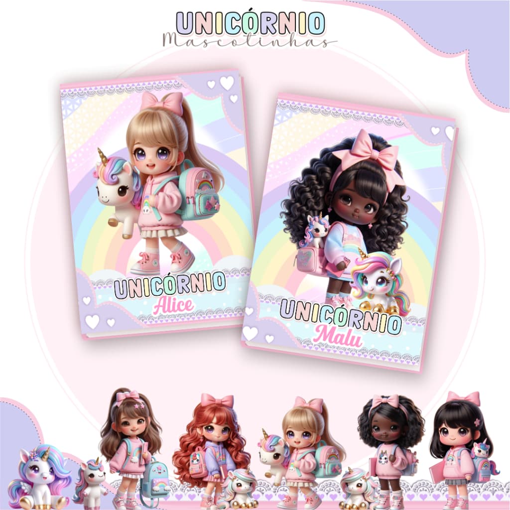 Caderno Brochura 1/4  (Pequeno) Capa Personalizada com Mascote Temático - MENINA