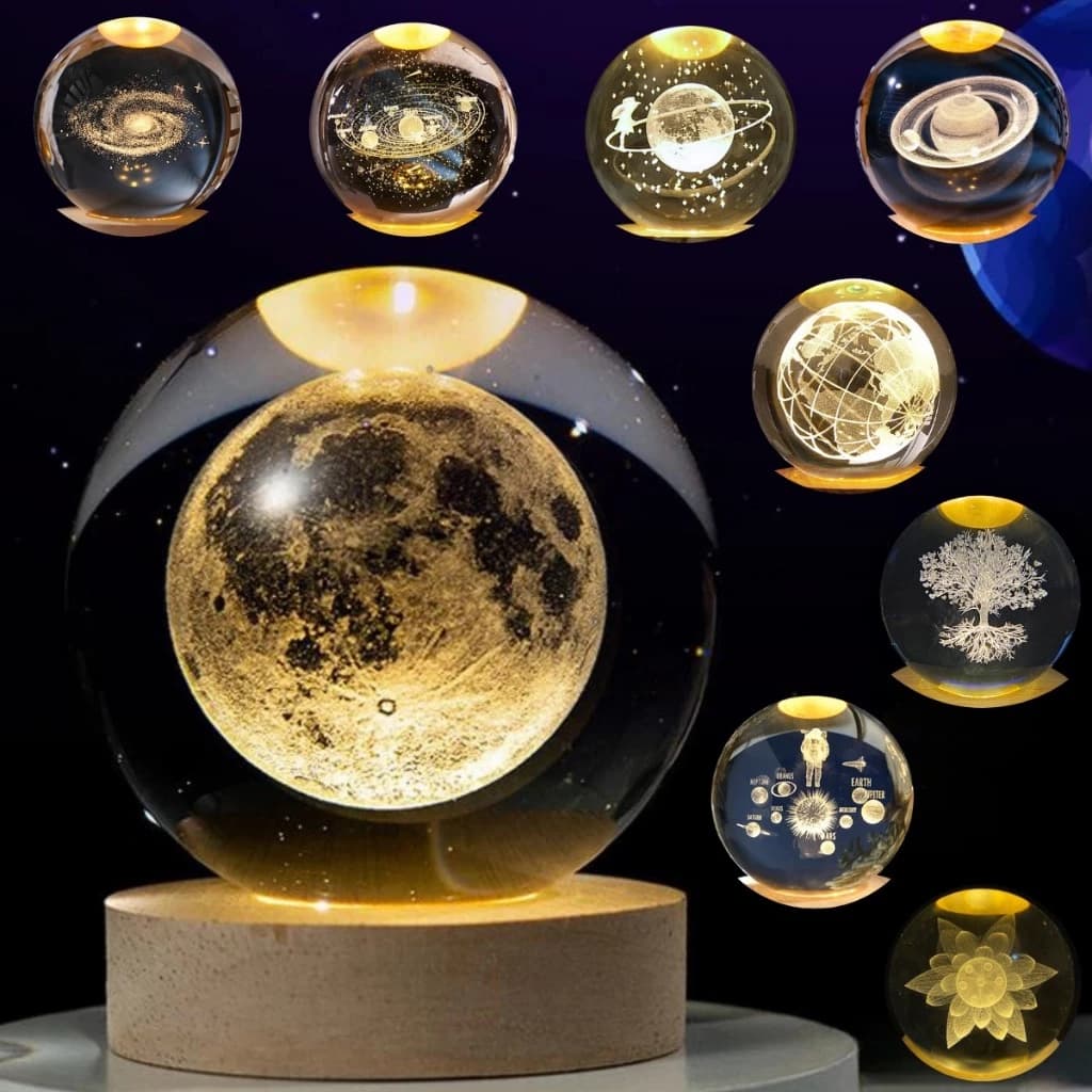 Luminária Cristal de Mesa Sistema Solar Saturno Lua Galáxia LED Base Madeira Enfeite Decorativo Casa
