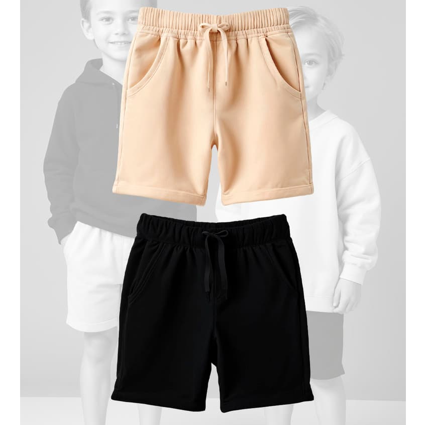 Kit C/ 2 Bermudas Para Menino Infantil - Moletinho de Algodão Kit Preto e Bege Short Criança 2 A 16