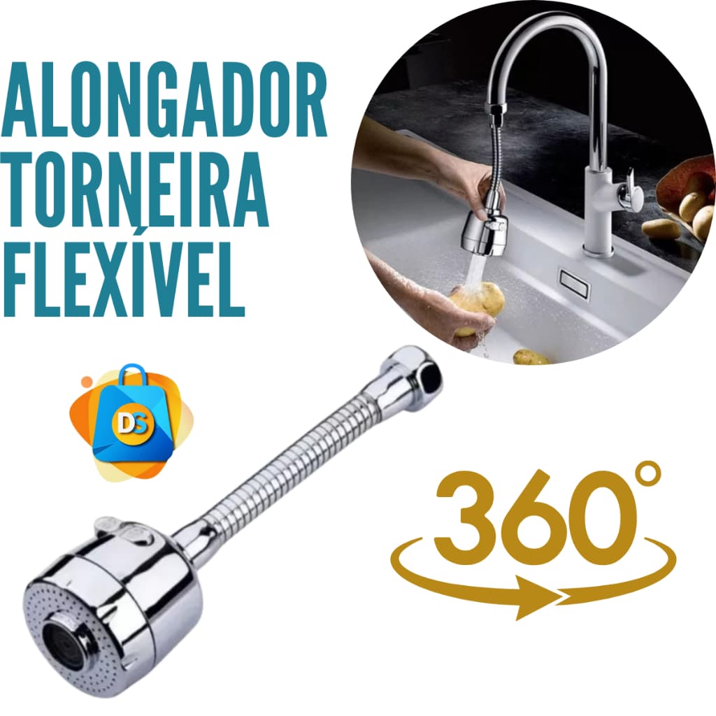 Bico Torneira com Extensor Adaptador Cromado Giratória 360 2 Jatos D'água Flex com Ajuste De Rotação