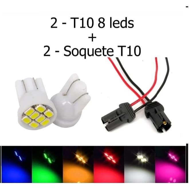 Par Chicote Soquete Conector T10 + Lâmpadas T10 8 Led Lanterna Farolete Luz de posição Ré Teto