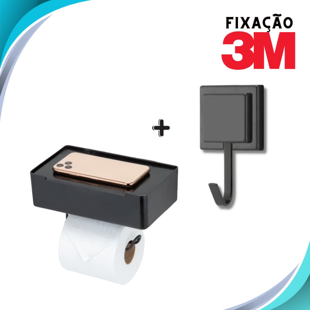 Kit Suporte Papel Higienico e Lenco Umedecido Porta Celular + Porta Toalha - Elegante e conforto - fixação 3m PRETO