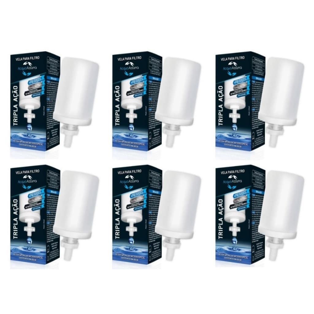 Kit 6 Velas Tripla Ação Acqua Azzurra Agua Alcalina Prata Carvão Filtro De Barro Bebedouro De Agua