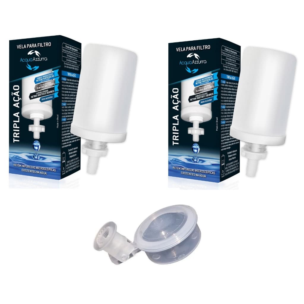 Kit 2 Velas Tripla Ação Agua Alcalina Carvão Prata + 1 Boia Filtro De Barro Bebedouro Agua