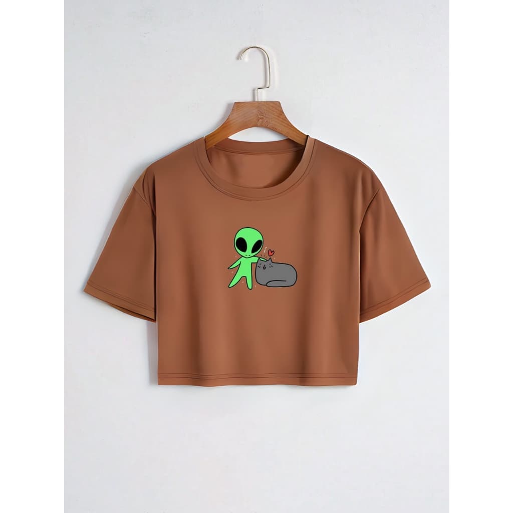 Cropped Algodão Blusinha T-shirt Feminina Estilosa Alien Com Gatinho