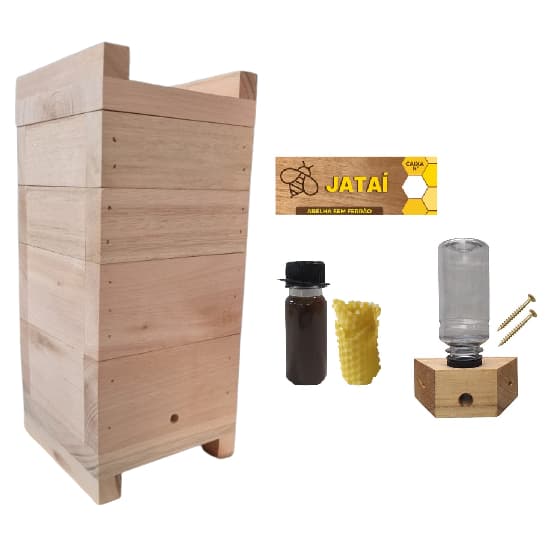 Caixa de Abelhas Jataí 10x10cm Completa c/ 2 Melgueiras Eucalipto Rosa + Atrativo + Cera + Alimentador + Placa