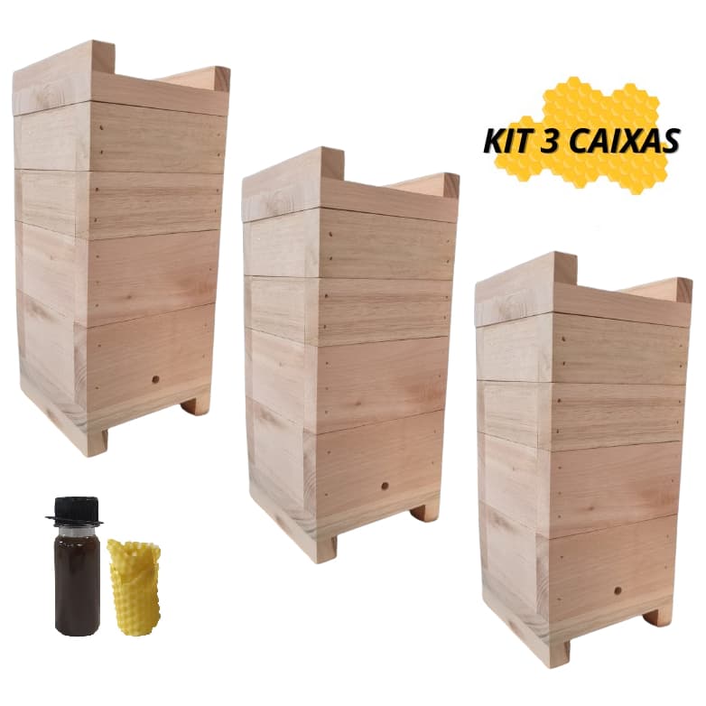 Kit 3 Caixas de Abelhas Jataí Inpa Eucalipto Rosa 10x10cm com 2 Melgueiras + Atrativo Captura 50ml + Cera