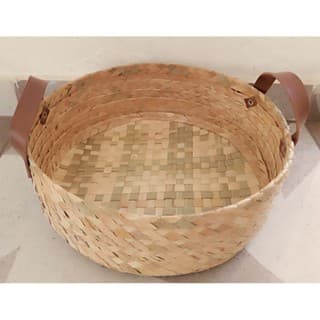 Cesta redonda 30x10cm de pão fruteira organizador de palha de carnaúba com alças de couro cachipot