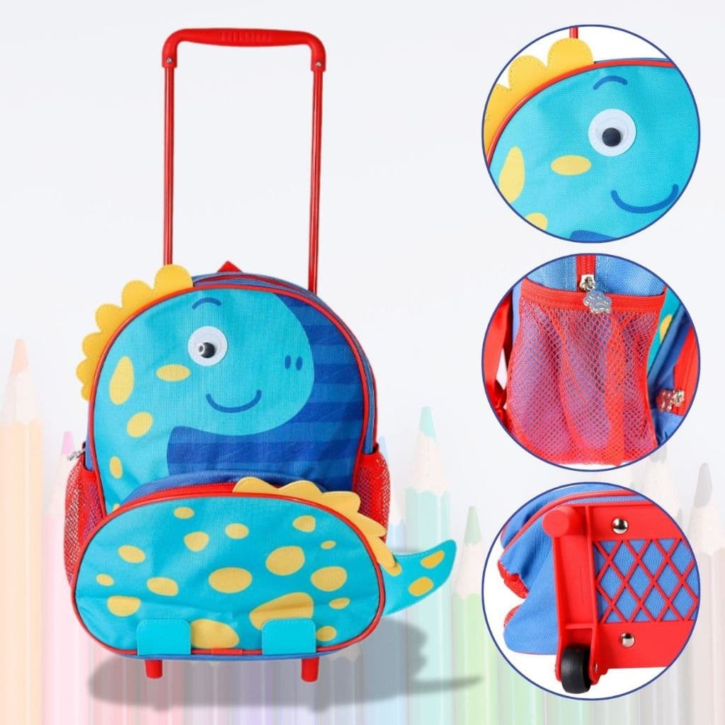 Mochila Infantil de Rodinhas/ Mochila de Alça de Costas Dino Dinossauro Verde Azul Infantil Criança Menino Menina