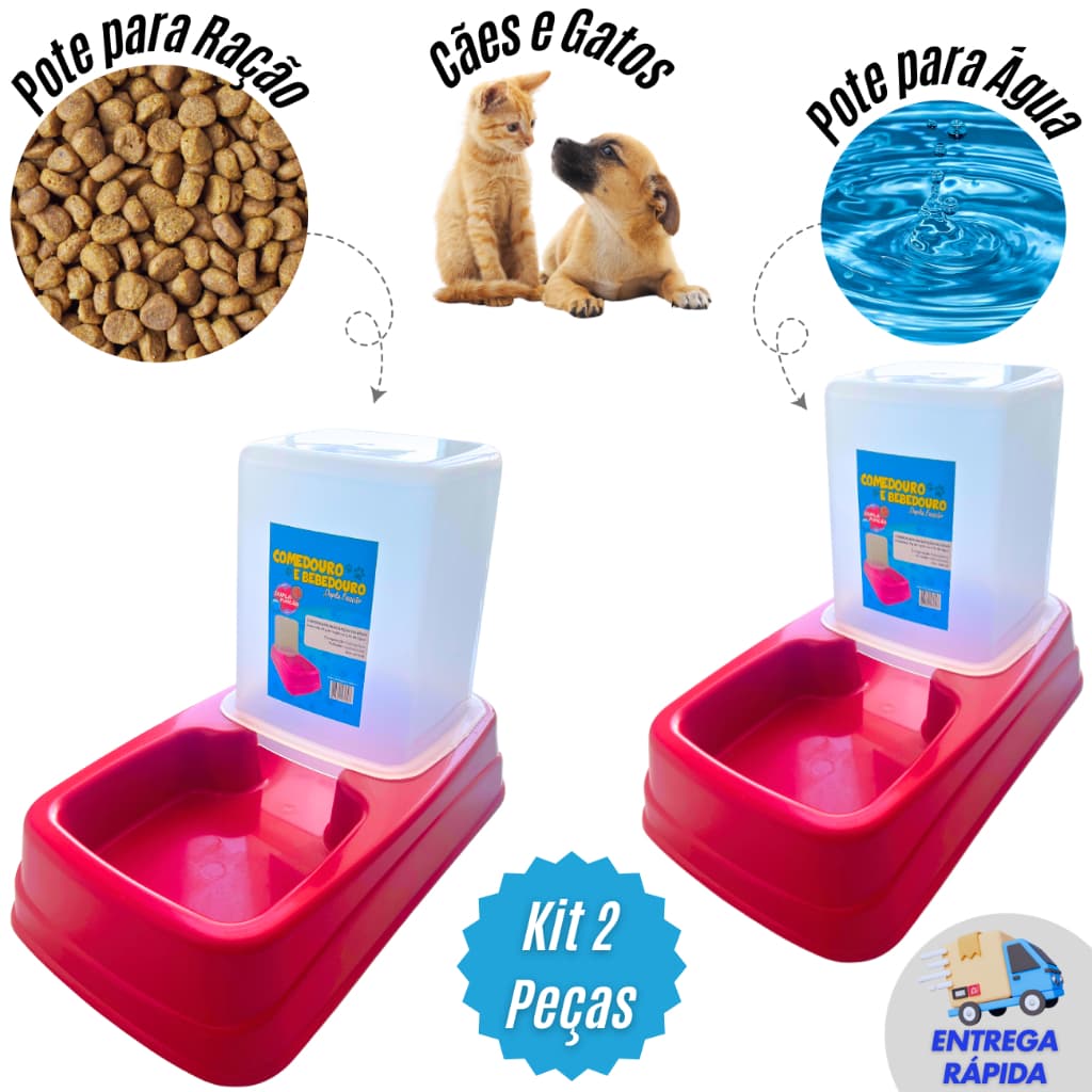 Kit Comedouro e Bebedouro Dupla Função Dispenser Automático Para Cachorro e Gato Enche Sozinho