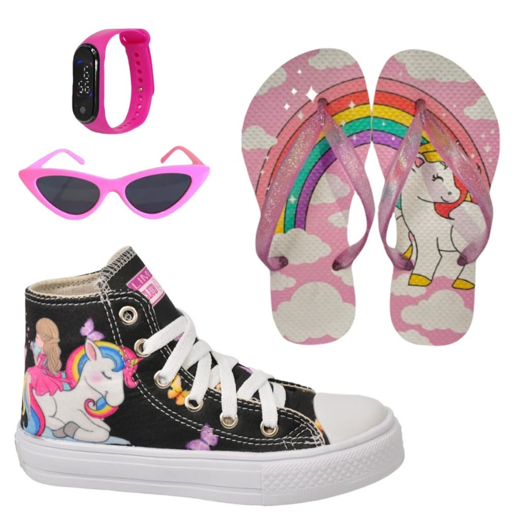 Tênis Infantil Feminino Unicórnio Sereia Cano Alto + Chinelo Óculos Relógio
