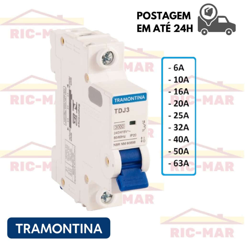 Disjuntor Unipolar Monopolar Curva C Tramontina de 6A, 10A, 20A, 25A, 32A, 40A, 50A ou 63A.