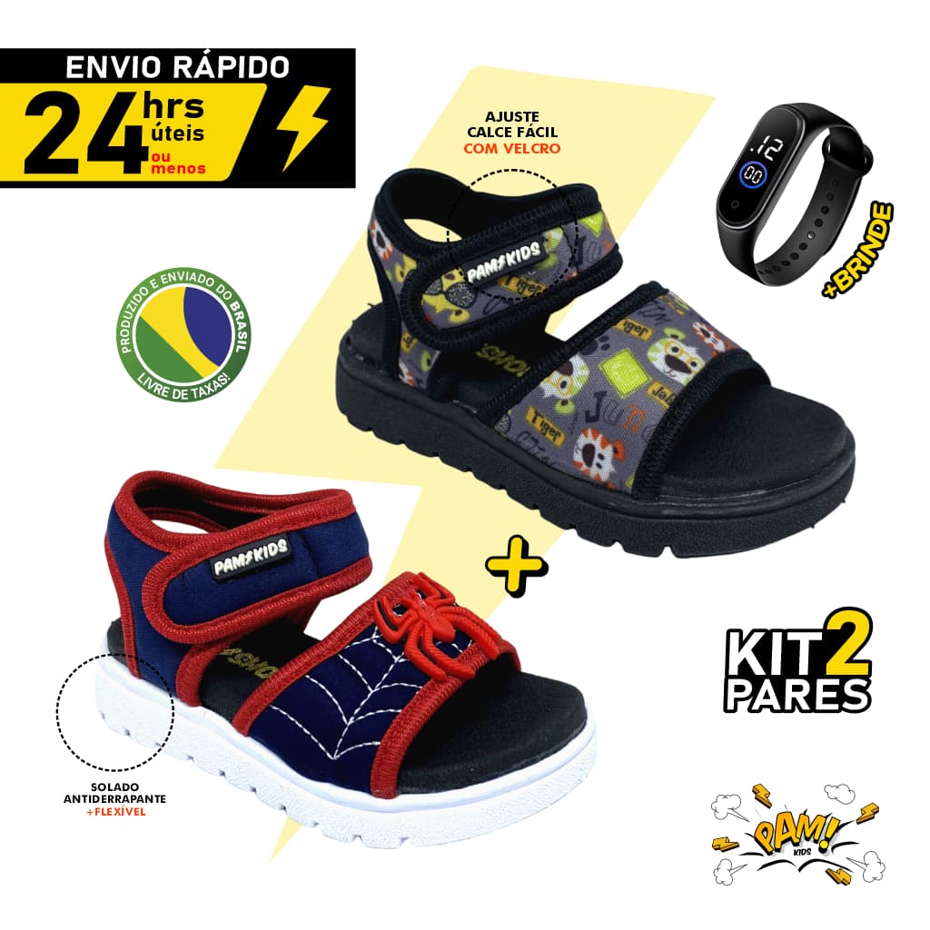 Kit Papetes infantil menino 2 sandálias + Relógio LED Combo 2 pares lançamento antiderrapante