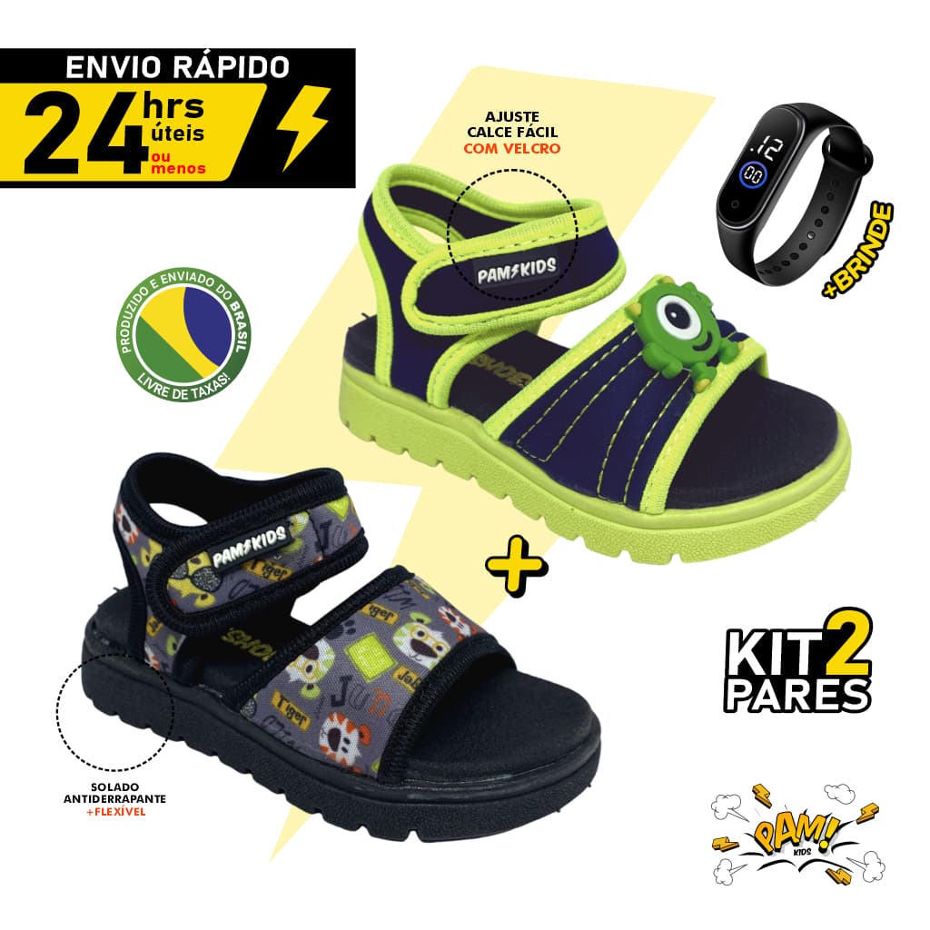 Combo Calçado infantil calce fácil 2 pares sandália papete menino e relógio funcional preço atacado