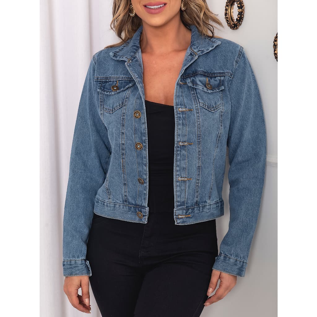 JAQUETA FEMININA JEANS LISA COM BARRA LANÇAMENTO, lavagem aleartoria