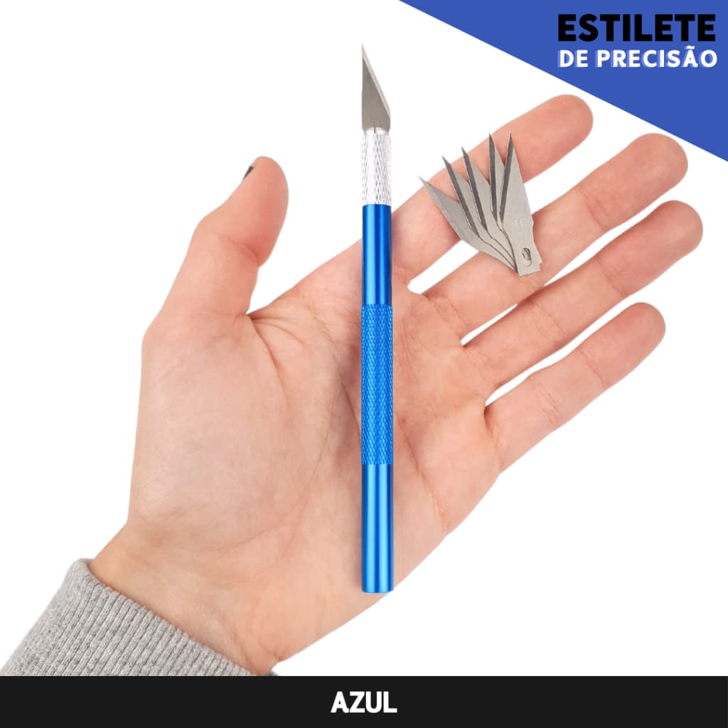 Estilete De Precisão em Alumínio - Com 6 Lâminas - Azul - Mazzal
