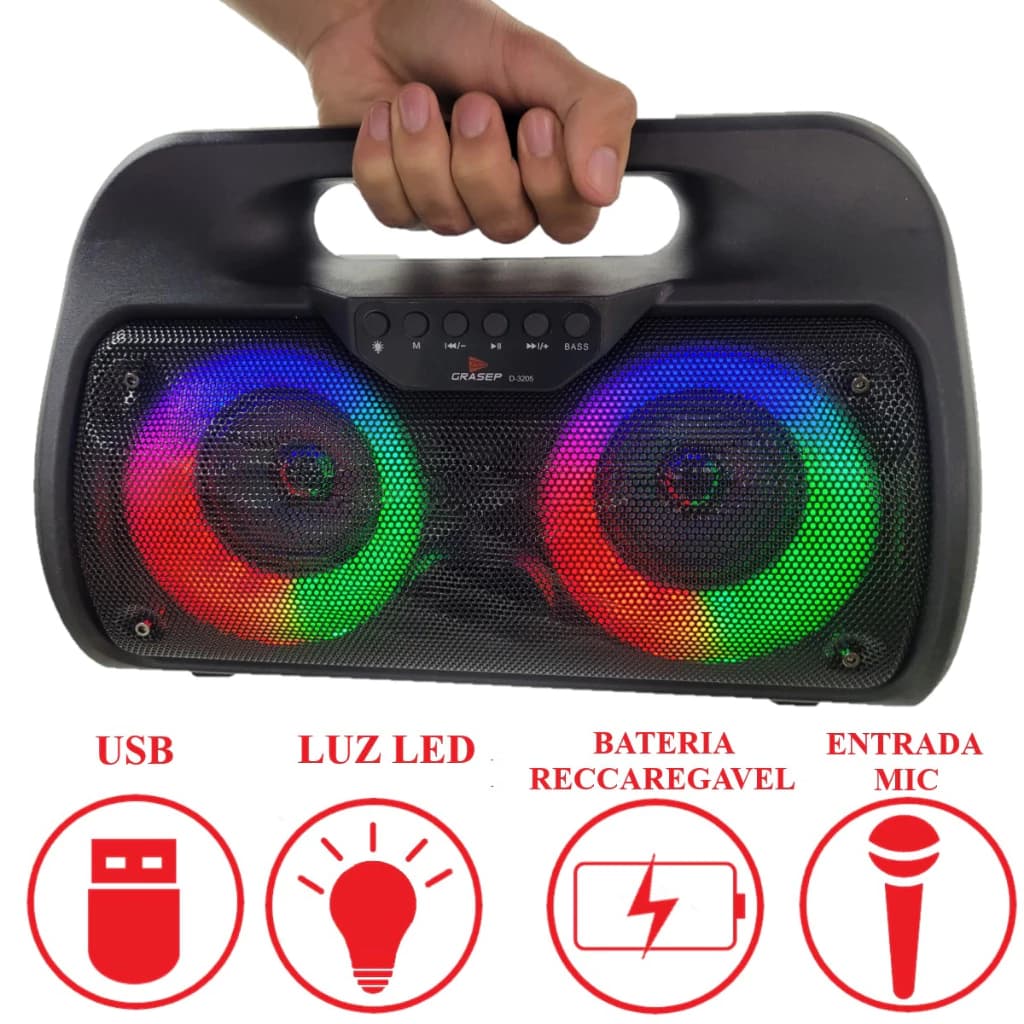 Caixa De Som Rádio FM Amplificada Bluetooth Portátil Potente Entradas USB P2 P10 Grasep D-3205