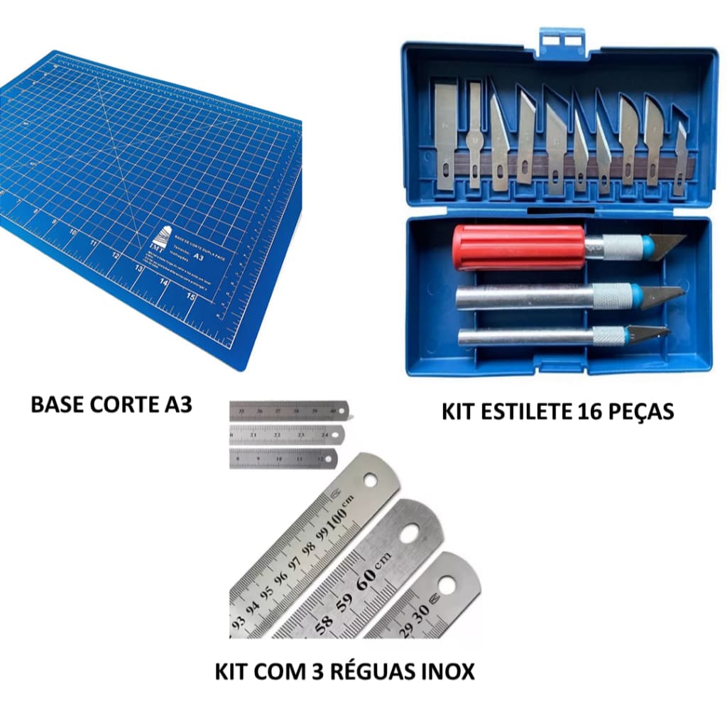Kit artesão  - 1 régua Inox 30 cm , 1 régua Inox 60 cm , 1 régua Inox 100 cm , 1 kit estilete 16 peças + 1 base corte A3