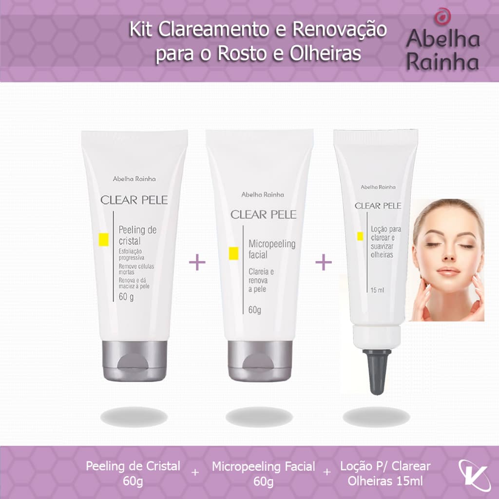 Kit Abelha Rainha - Peeling de Cristal + Micropeeling Facial + Loção p/ Clarear e Suavizar Olheiras