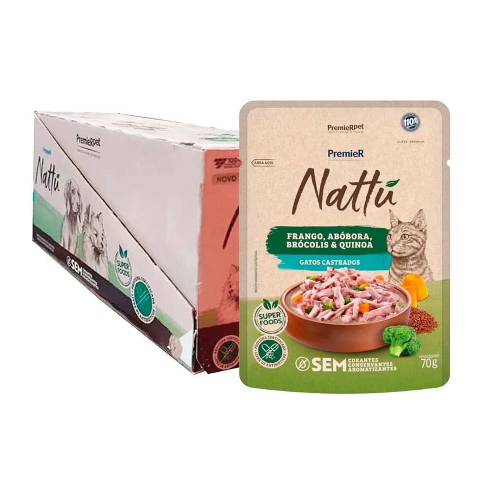 Kit 20un. Ração Úmida Premier Nattu Sachê Gatos Castrados Frango, Abóbora, Brócolis e Quinoa 70g