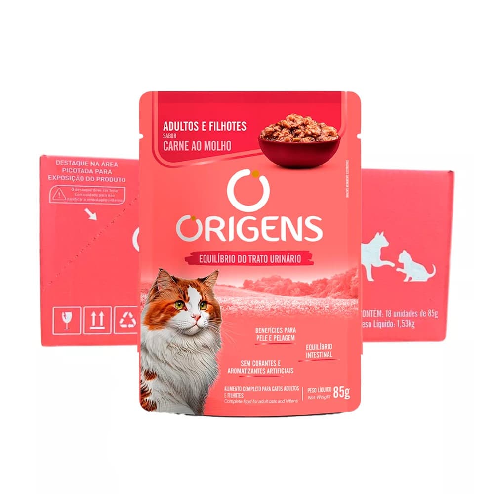 Kit 18un. Ração Úmida Origens Sachê Gatos Adultos e Filhotes Sabor Carne ao Molho 85g